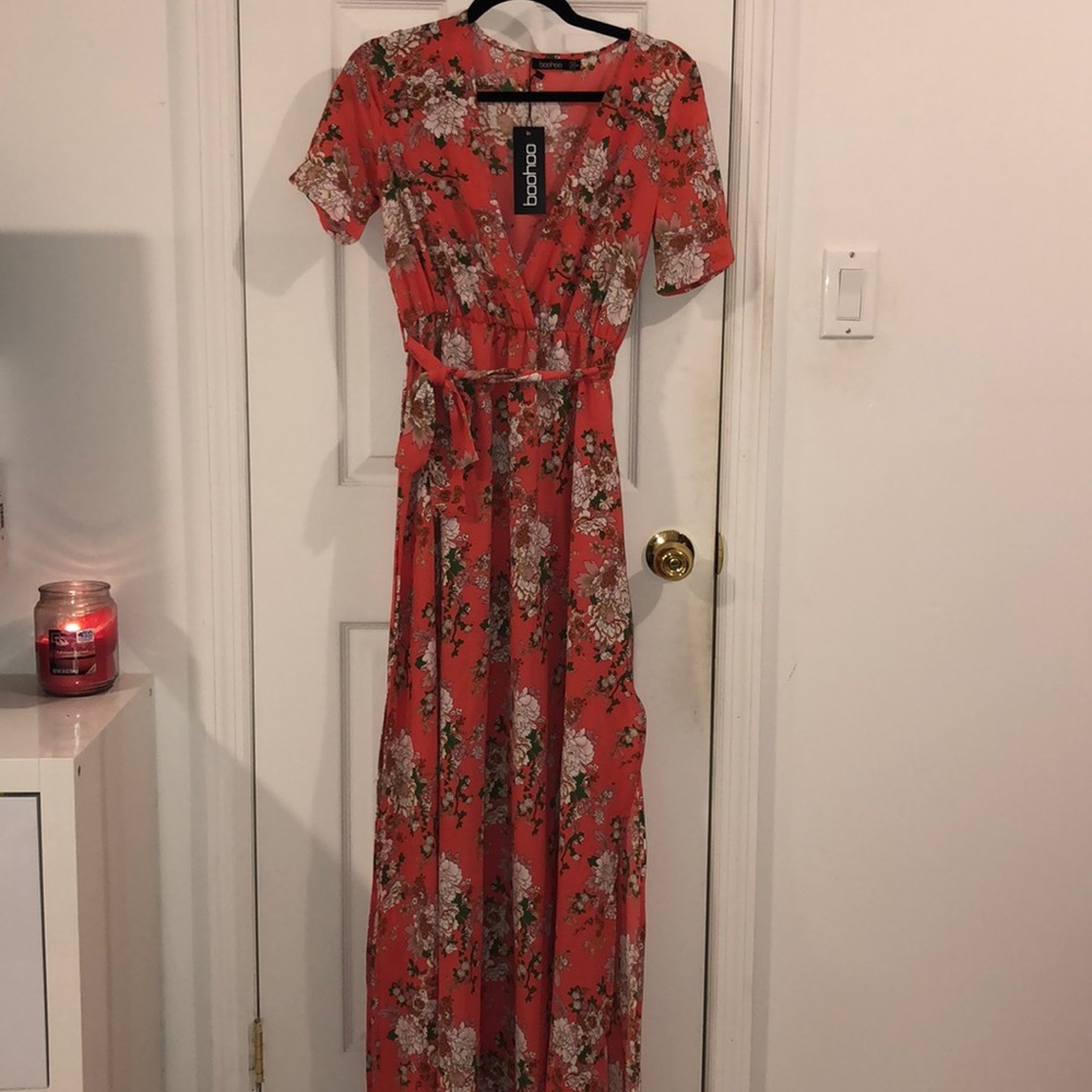 Boohoo pink floral maxi dress